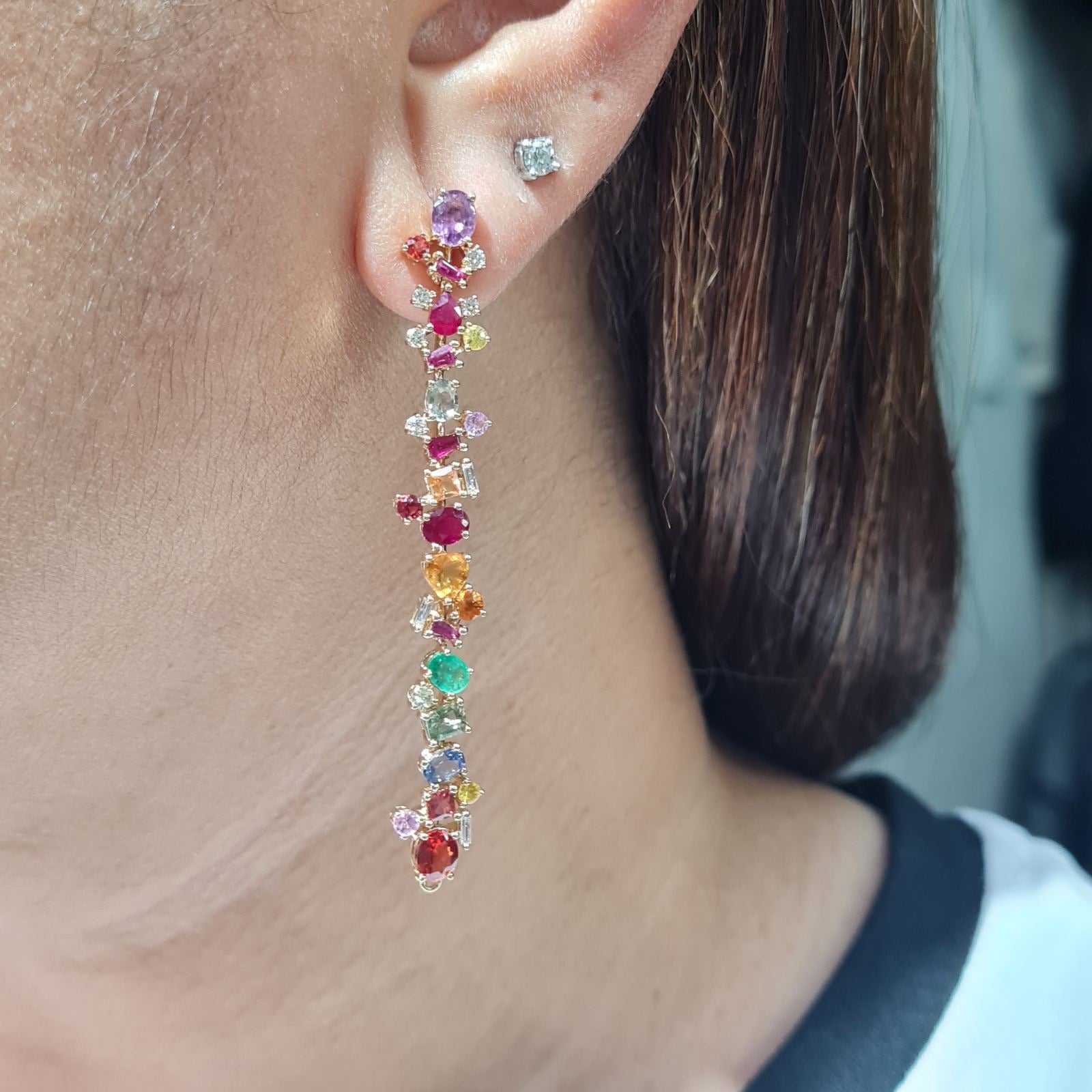Rainbow Sapphire Dangling Gemstone Earrings 14K