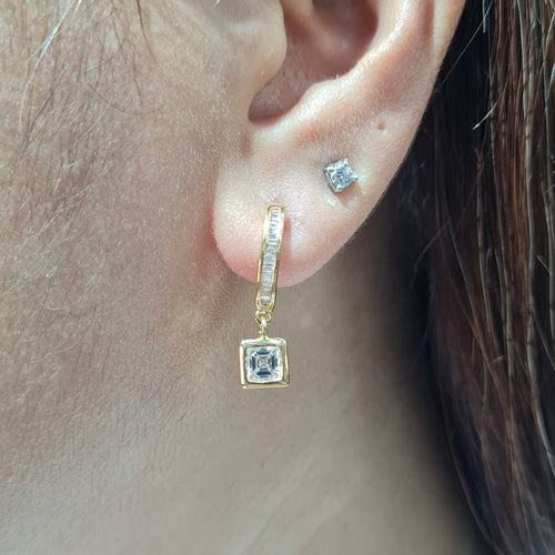 0.55ct Asscher Solitaire Classic Hoop Dangling Diamond Earrings 18K