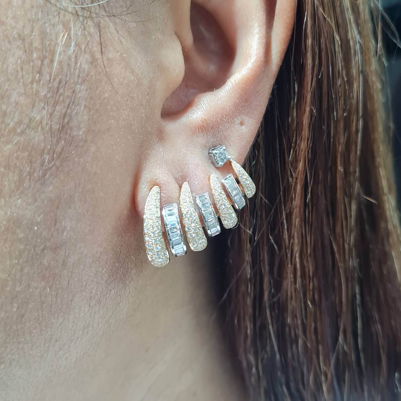 Two-Toned Baguette Crawler Paved Diamond Earrings 18K