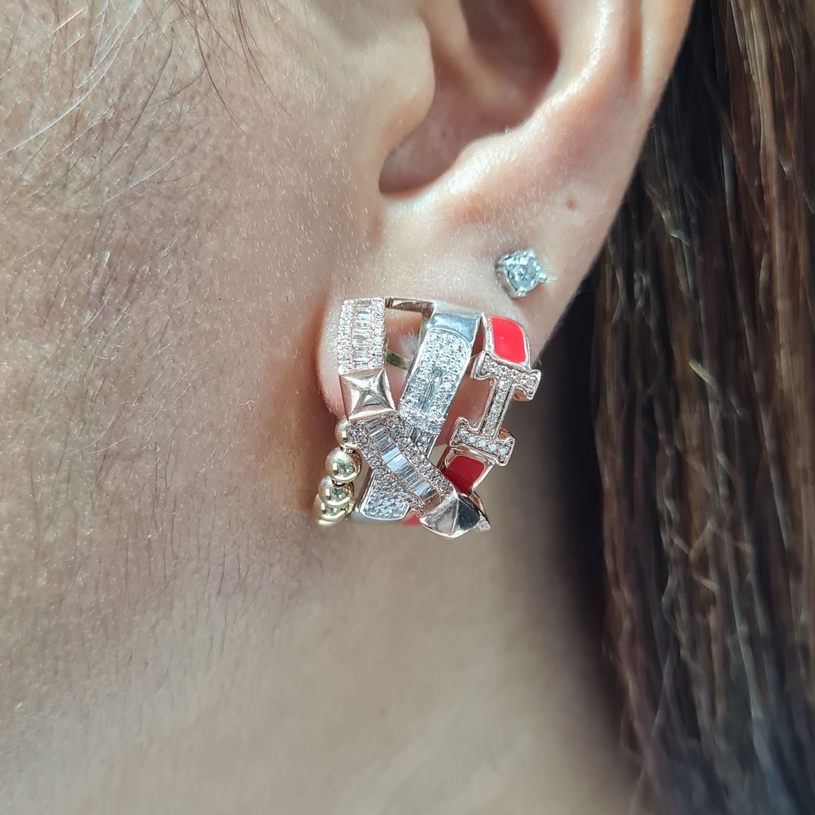 Tri-Color Baguette Paved Diamond Earrings 14K
