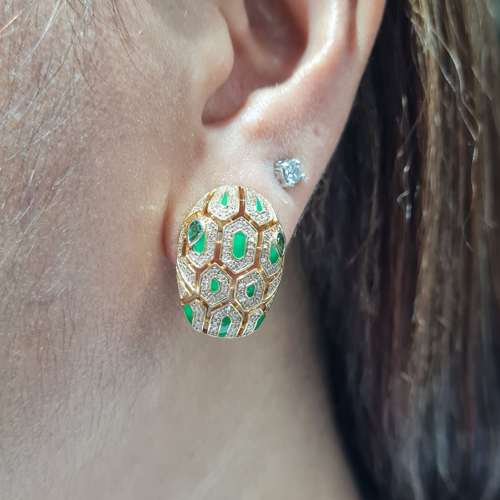 Yellow Gold Creolle Green Emerald Diamond Earrings 14K