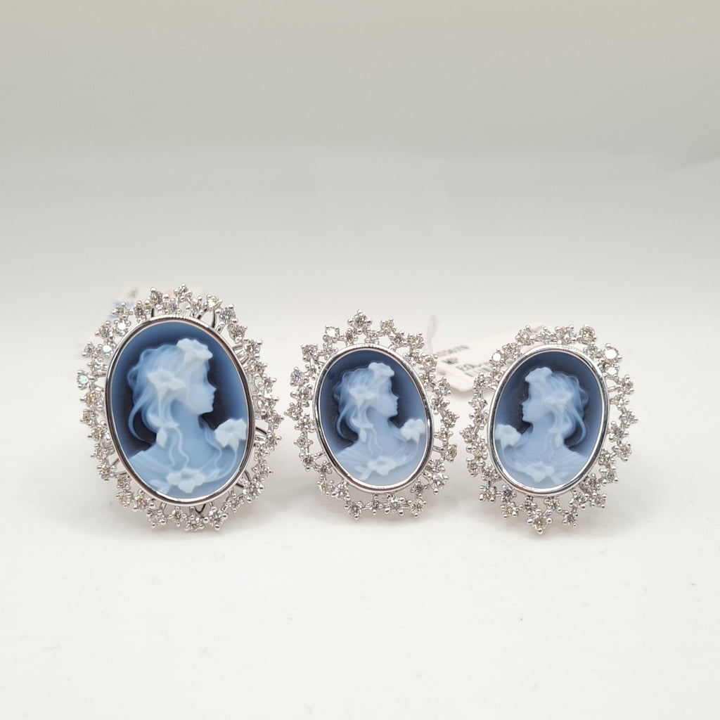 White Gold Cameo Art Deco Diamond Jewelry Sets 14K