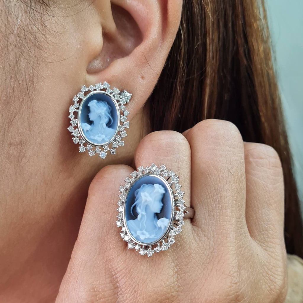 White Gold Cameo Art Deco Diamond Jewelry Sets 14K