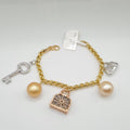 Golden Luck Charm Key Bag South Sea Pearl Bracelet 14K