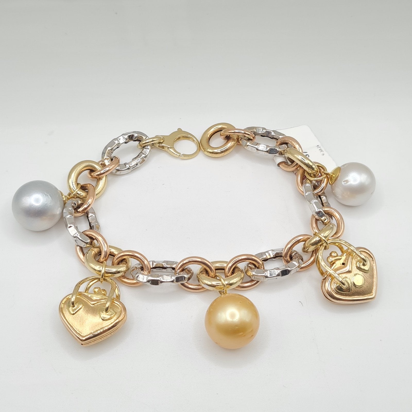 Golden Chunky Chain Heart Lock Pearl Bracelet 14K