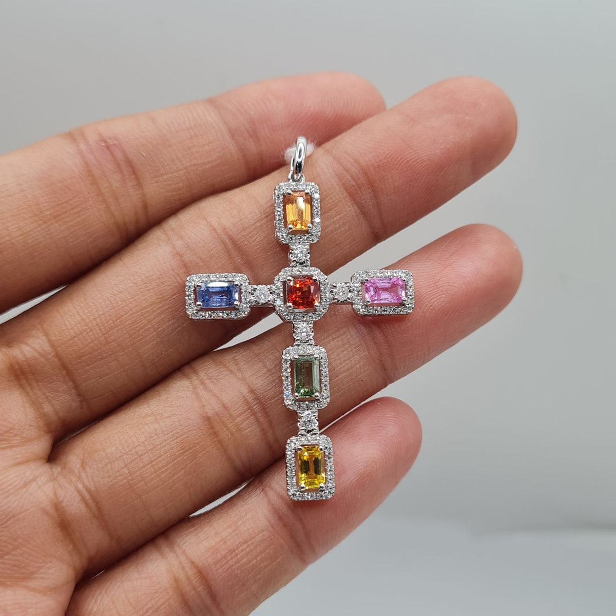 Cross Rainbow Sapphire Gemstones Diamond Necklace Pendant 14K
