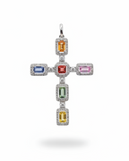 Cross Rainbow Sapphire Gemstones Diamond Necklace Pendant 14K