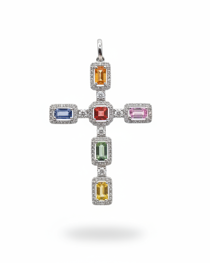 Cross Rainbow Sapphire Gemstones Diamond Necklace Pendant 14K