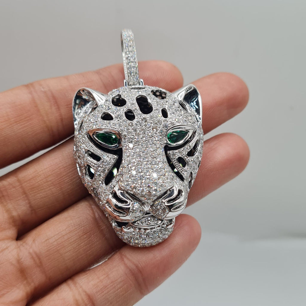 Large Leopard Head Diamond Necklace Pendant 14K