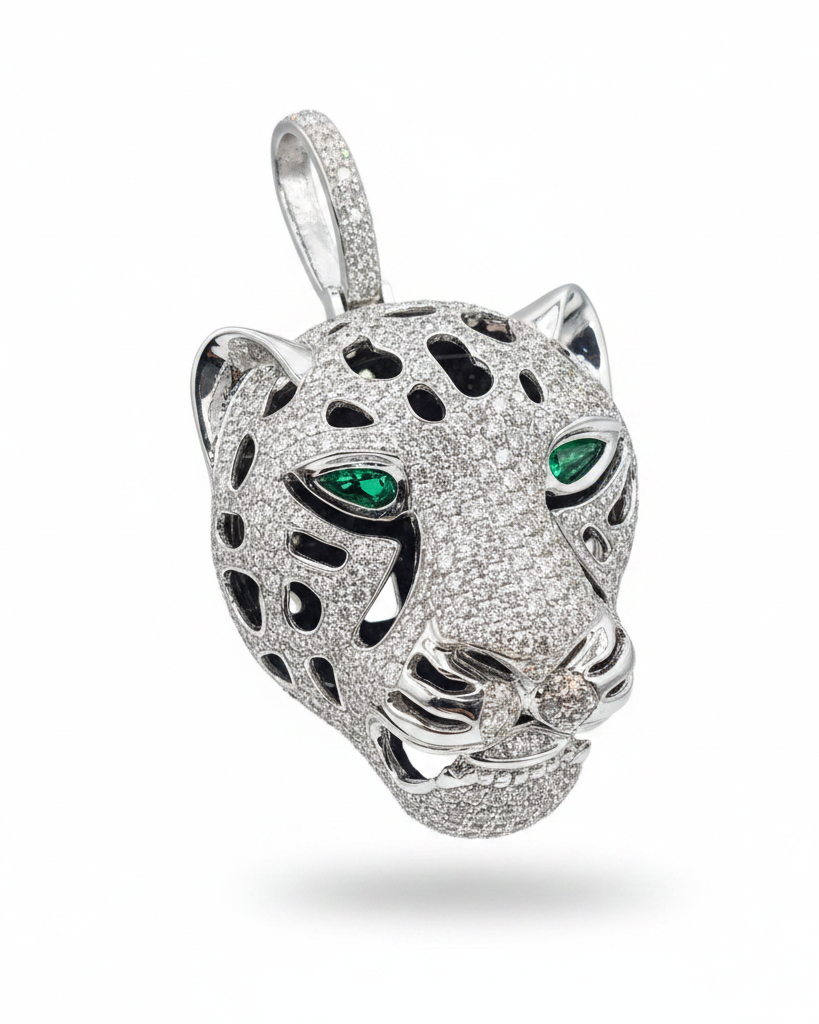 Large Leopard Head Diamond Necklace Pendant 14K