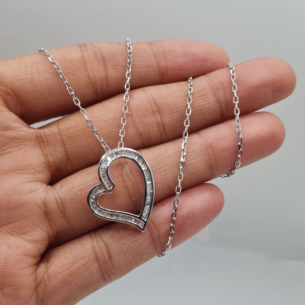 Classic Heart Baguette Diamond Paved Necklace 18K