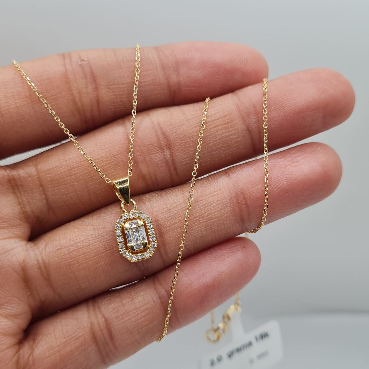 Classic Emerald Halo Baguette Diamond Necklace 18K