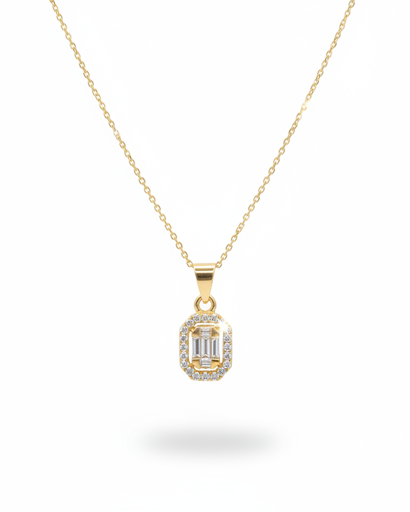 Classic Emerald Halo Baguette Diamond Necklace 18K
