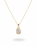 Classic Emerald Halo Baguette Diamond Necklace 18K