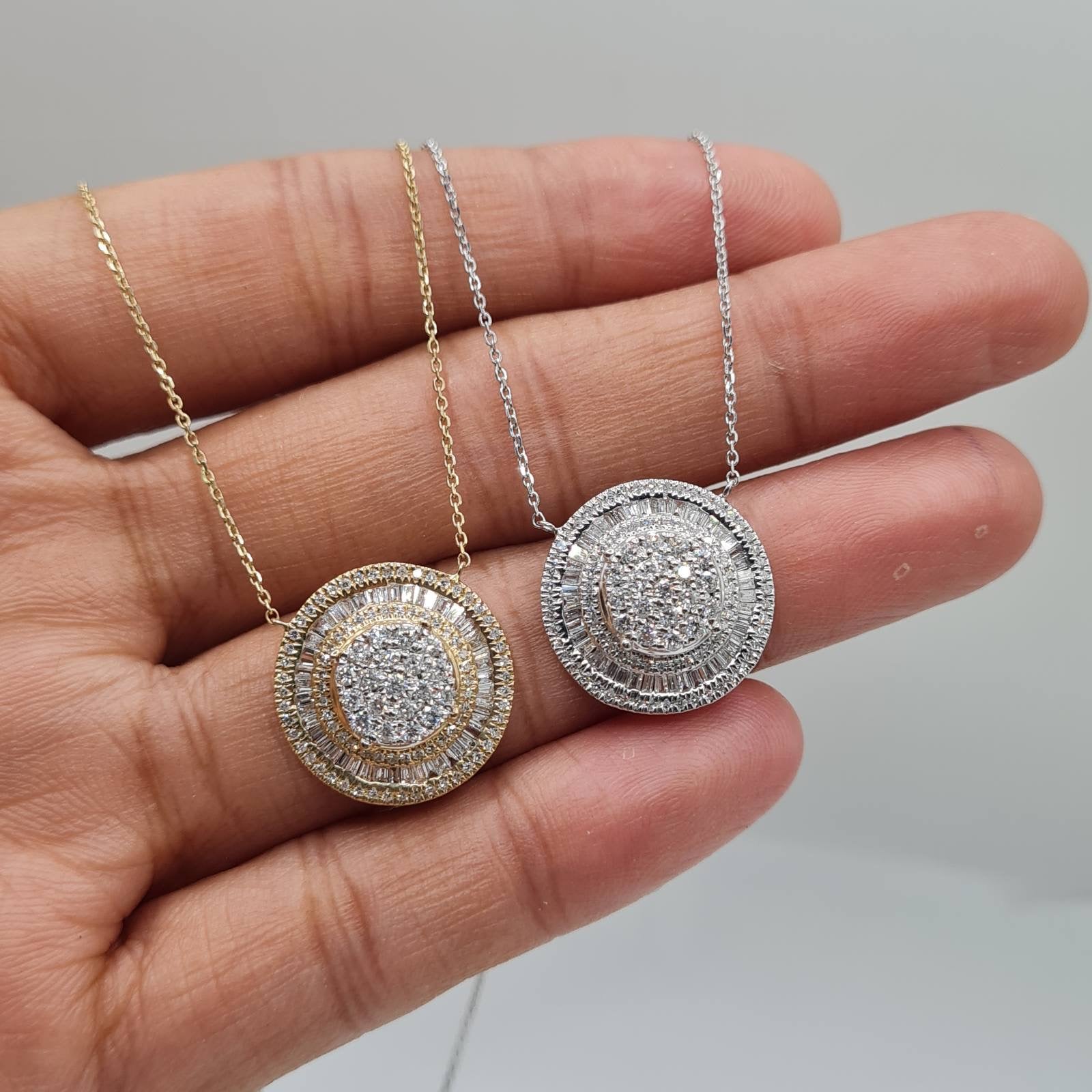 Classic Round Large Baguette Diamond Necklace 14K