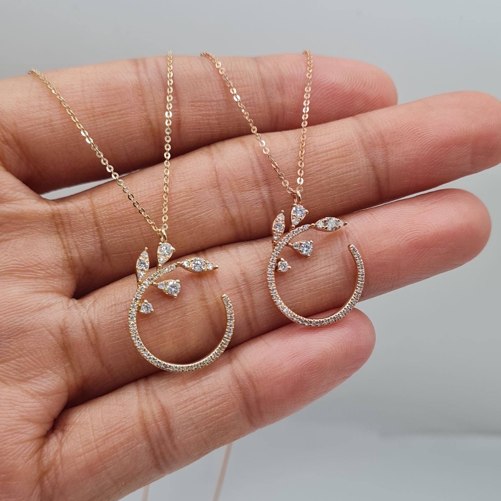 Rosegold Leaf Half Moon Diamond Pave Necklace 14K