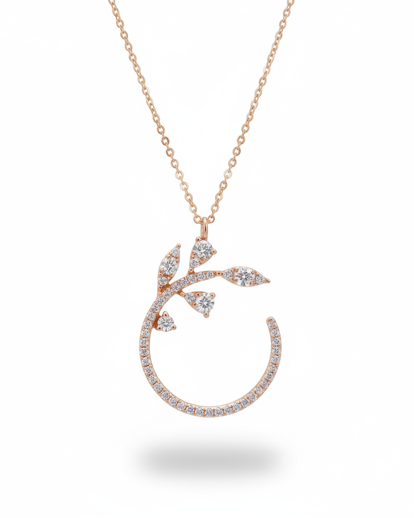 Leaf Half Moon Pave Diamond Necklace 14K