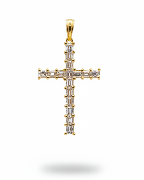 Golden Cross Solitaire Emeralds Diamond Necklace Pendant 14K
