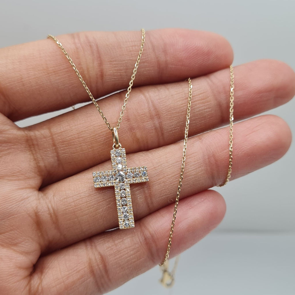 Golden Baguette Cross Diamond Necklace 14K