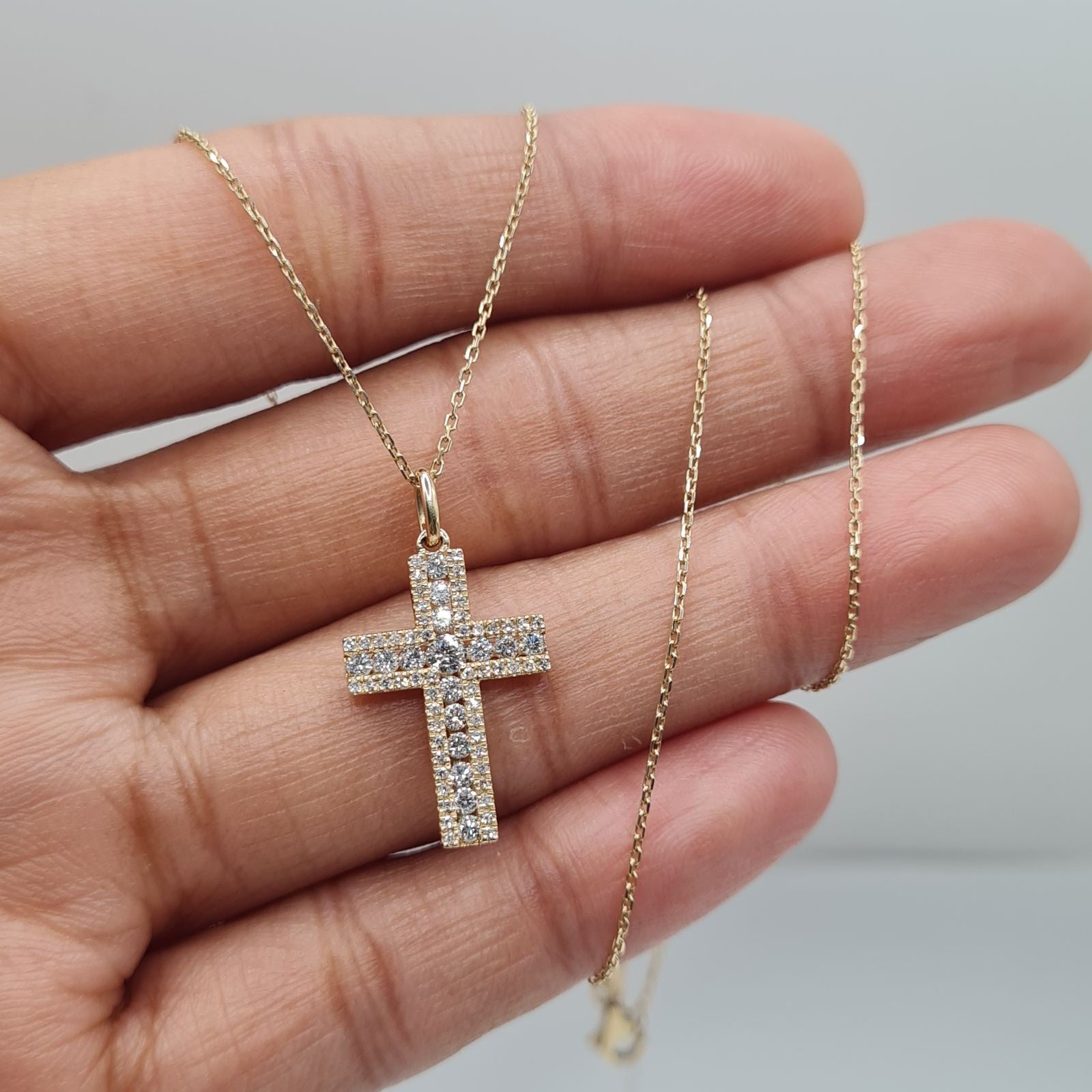 Golden Baguette Cross Diamond Necklace 14K