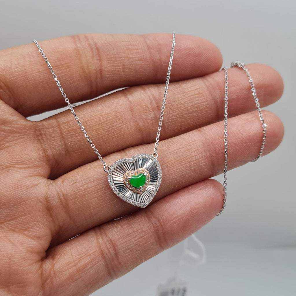 Classic Heart Center Jade Gemstone Diamond Necklace 14K