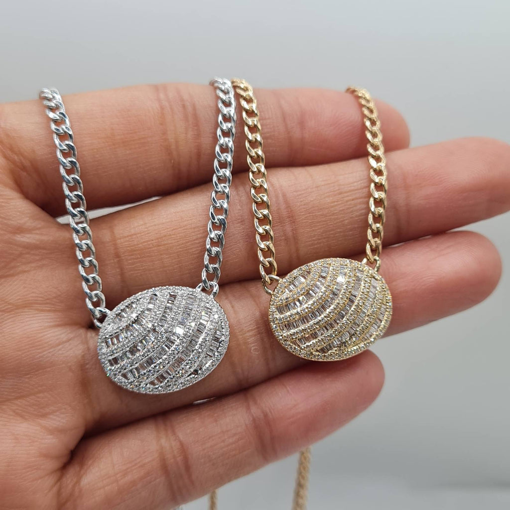 Classic Oval Baguette Cuban Chain Diamond Necklace 14K