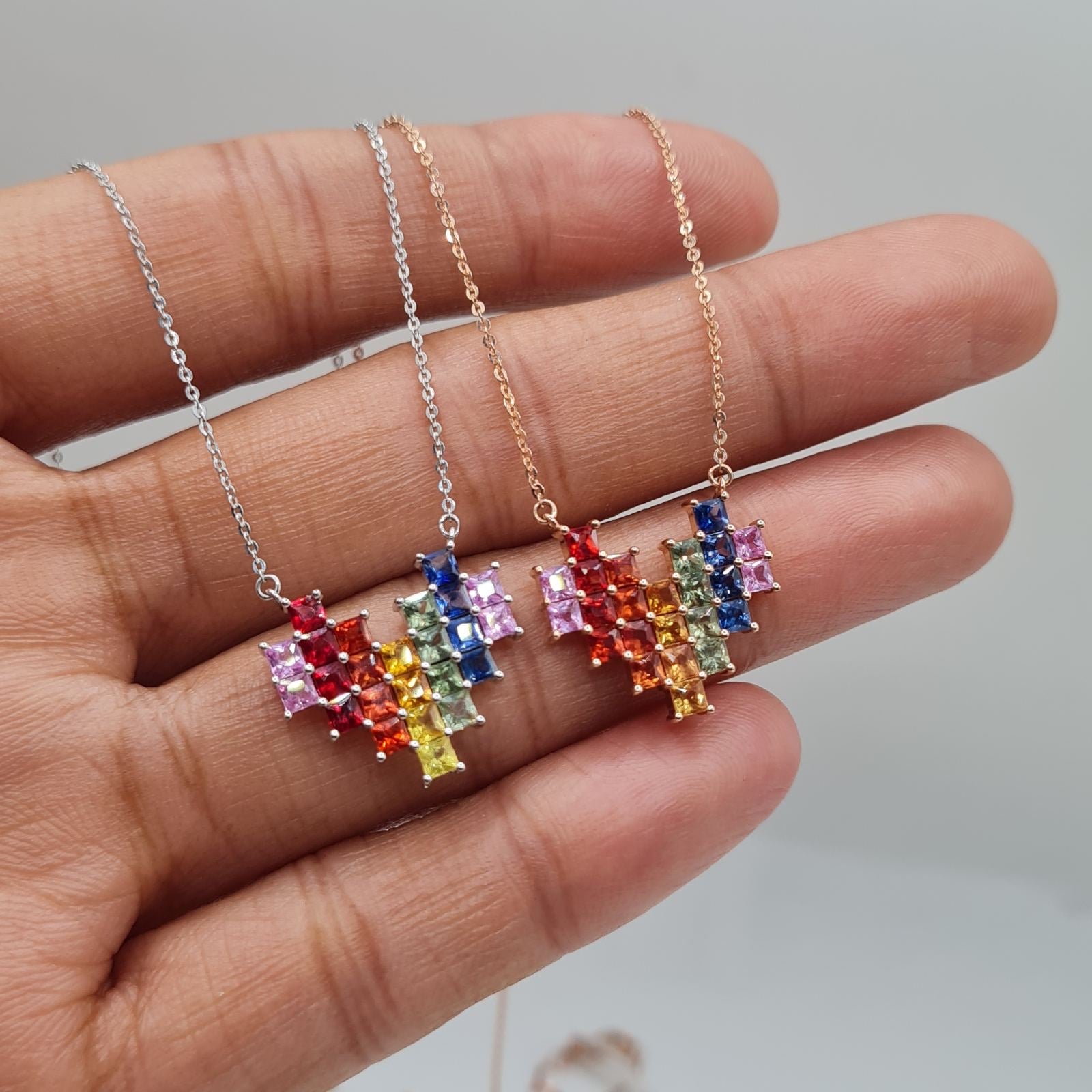 Heart Rainbow Sapphire Gemstones Necklace 14K