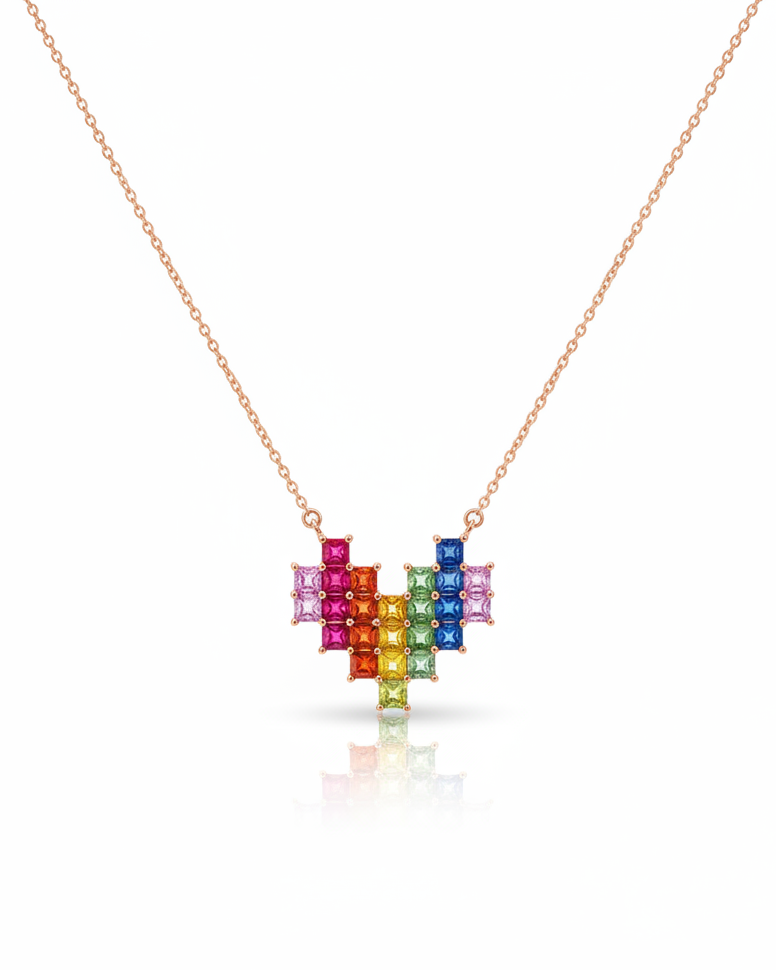 Heart Rainbow Sapphire Gemstones Necklace 14K