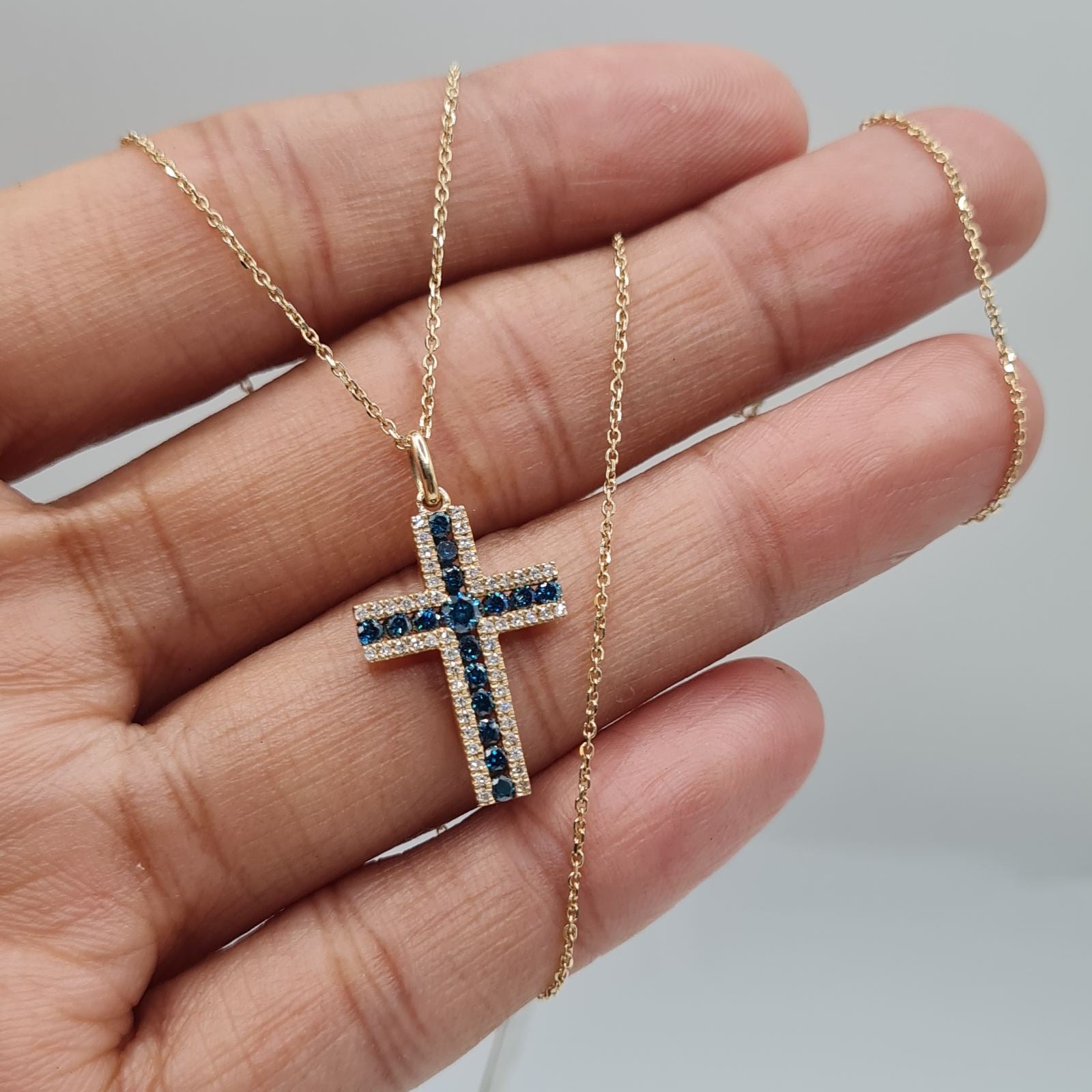 Rose Cross Blue Colored Diamond Necklace Pendant 14K