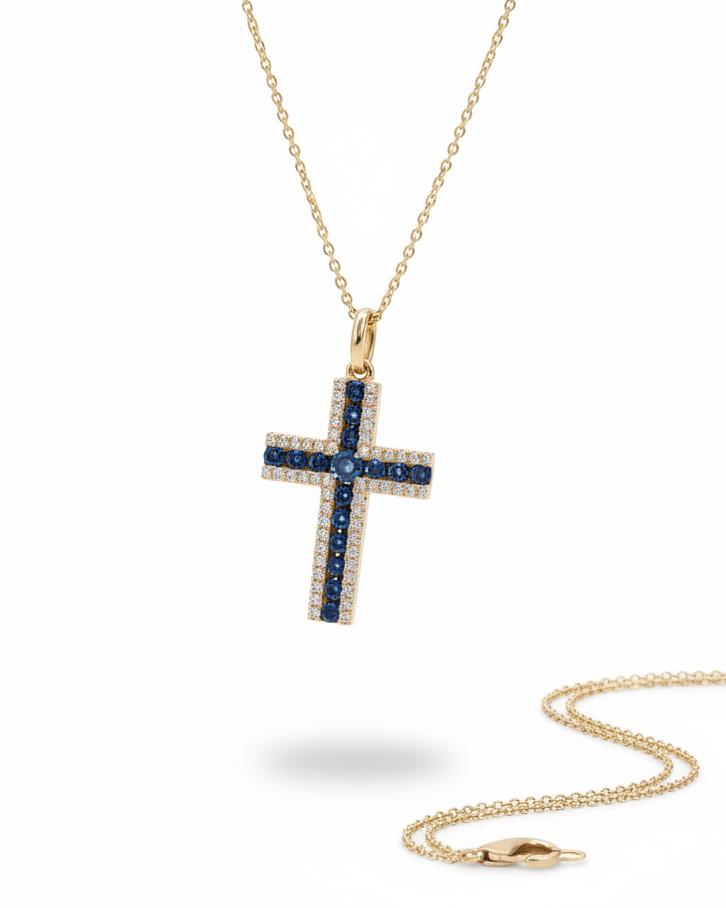 Rose Cross Blue Colored Diamond Necklace Pendant 14K