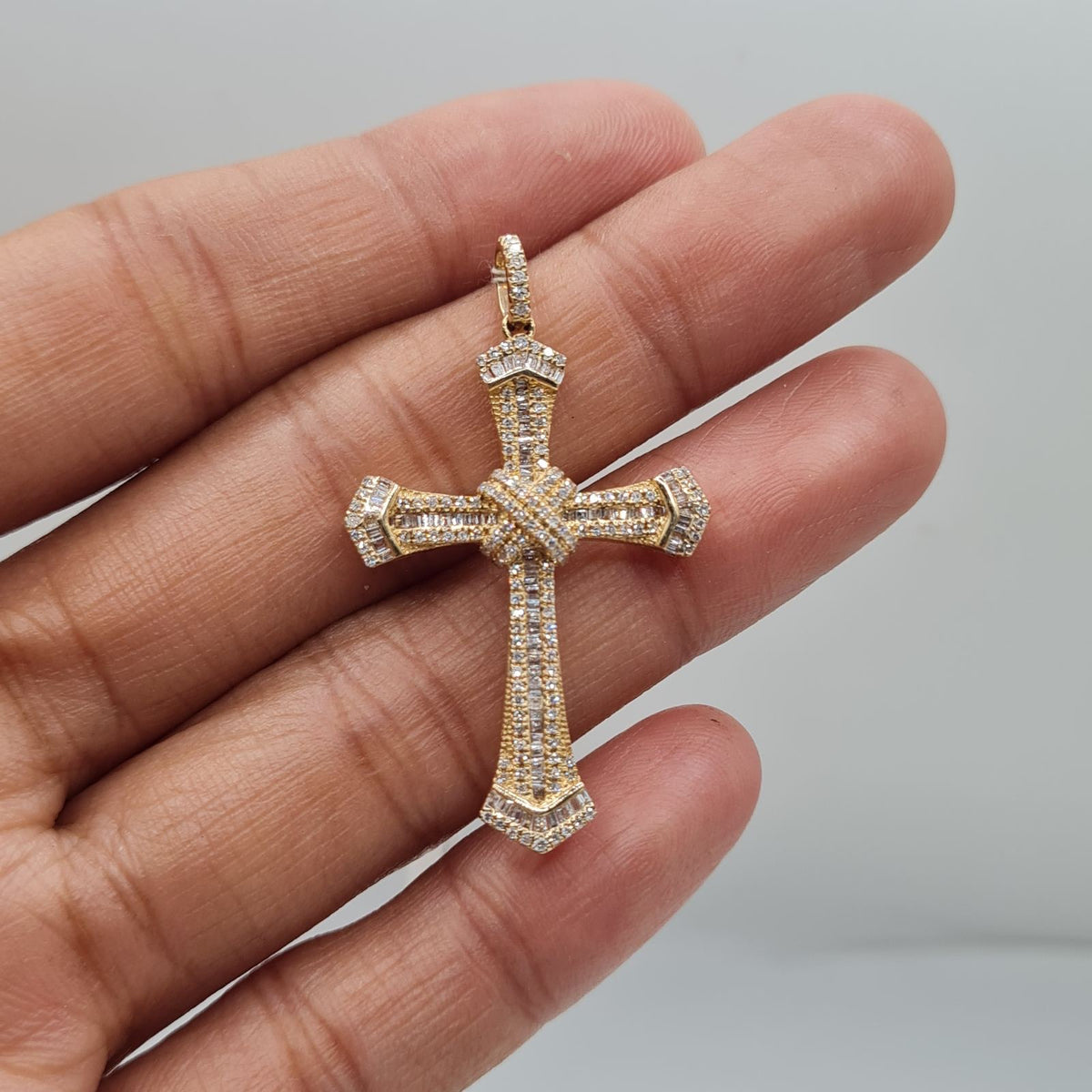 Small Golden Cross Baguette Paved Diamond Necklace Pendant 14K