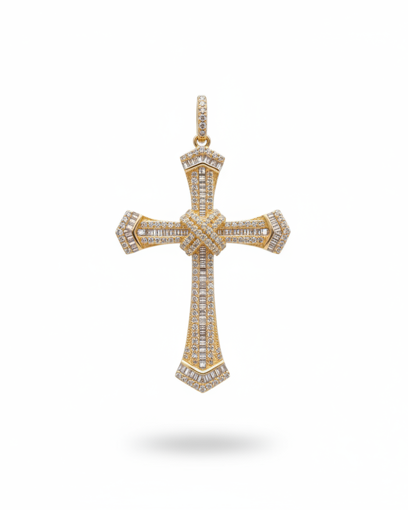 Small Golden Cross Baguette Paved Diamond Necklace Pendant 14K