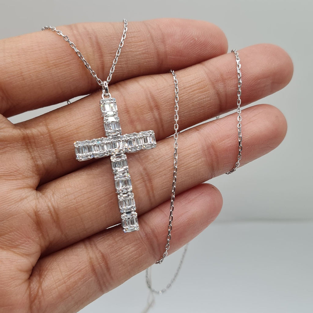 White Gold Cross Baguette Paved Diamond Necklace 14K