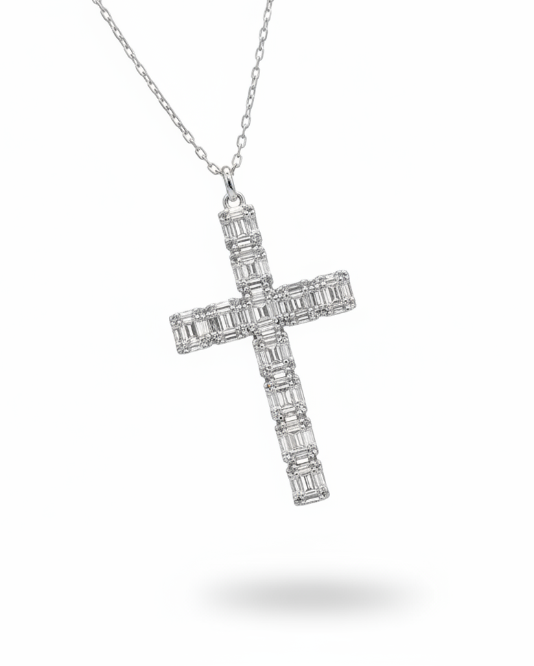 White Gold Cross Baguette Paved Diamond Necklace 14K