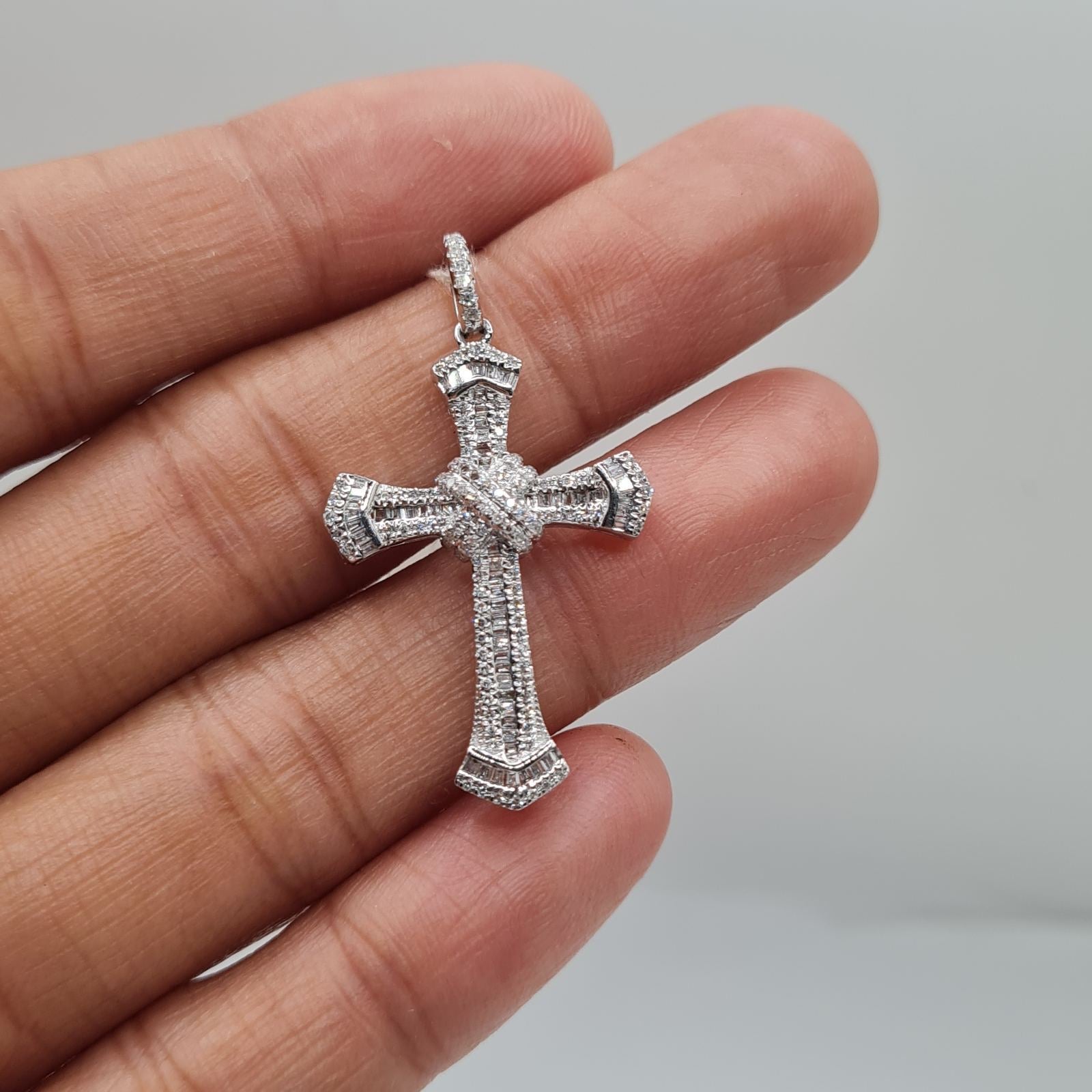 Small Cross Baguette Paved Diamond Necklace Pendant 14K