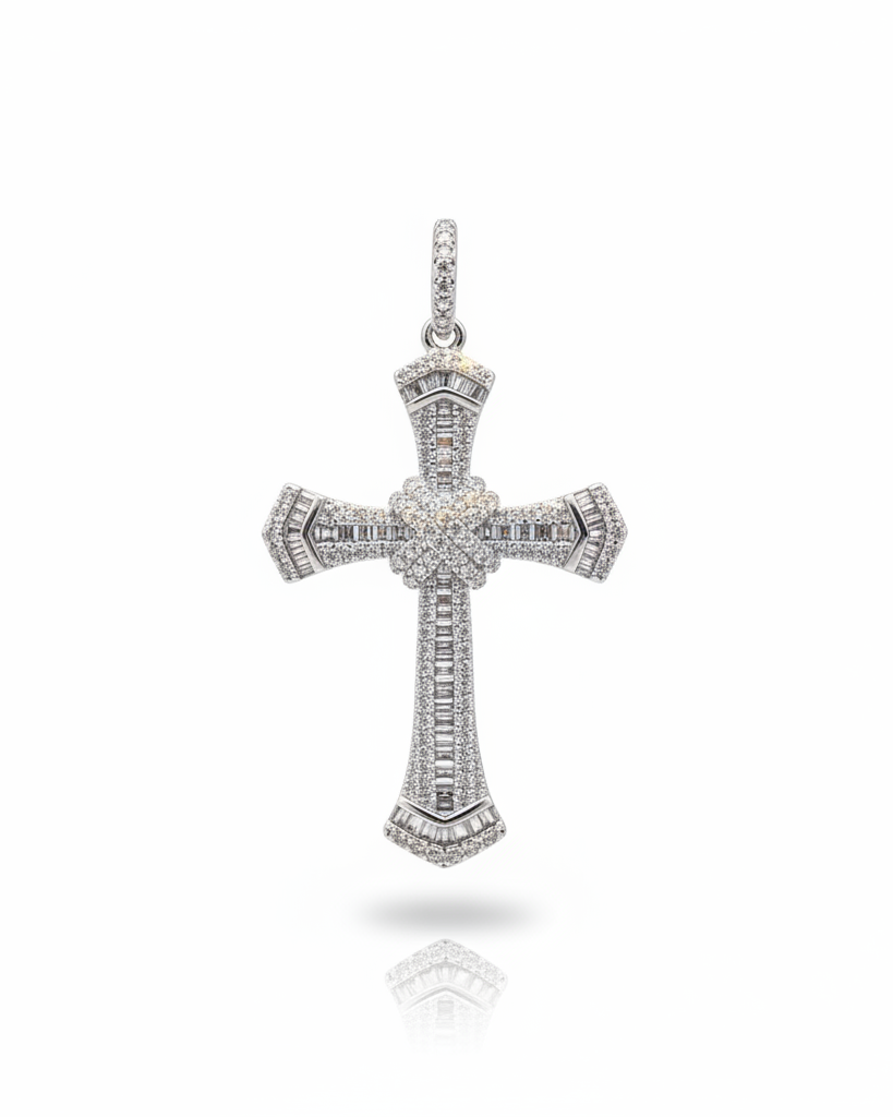 Small Cross Baguette Paved Diamond Necklace Pendant 14K