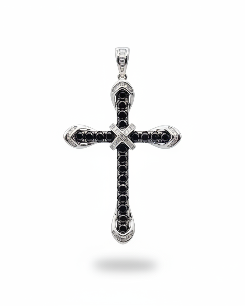 Cross White & Black Colored Diamond Necklace Pendant 14K