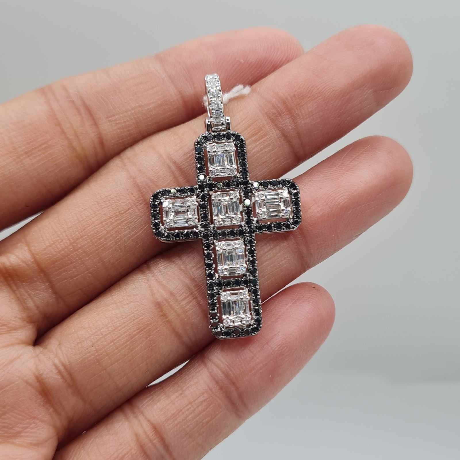 Cross Paved White & Black Colored Diamond Necklace Pendant 14K