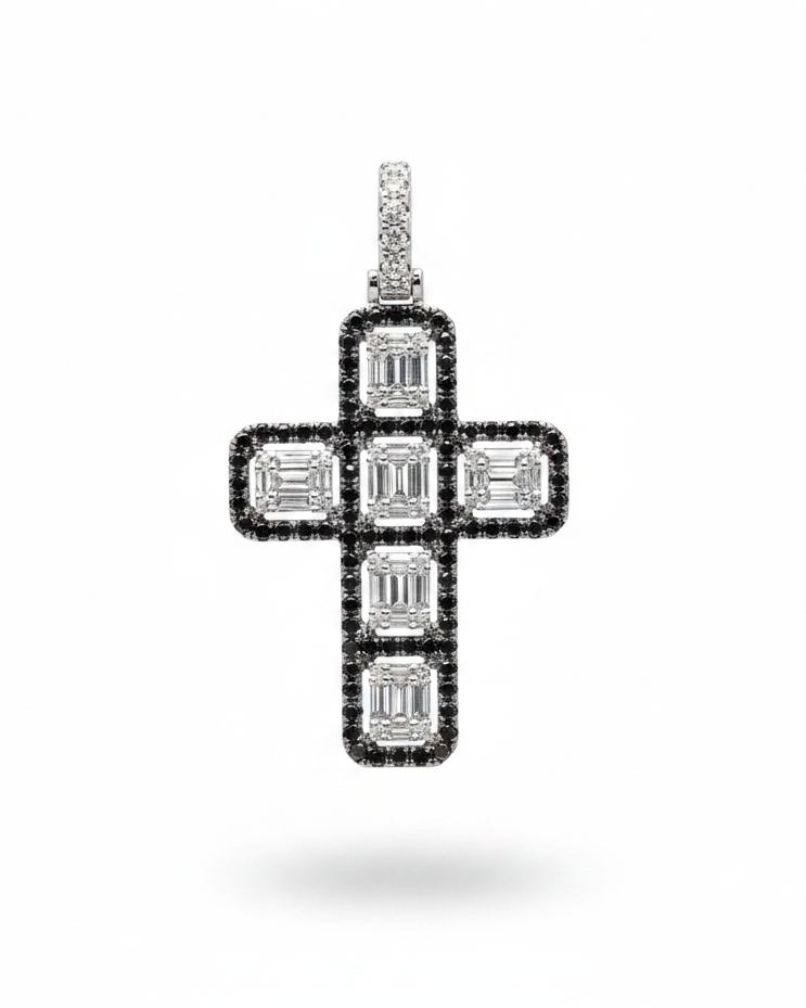 Cross Paved White & Black Colored Diamond Necklace Pendant 14K