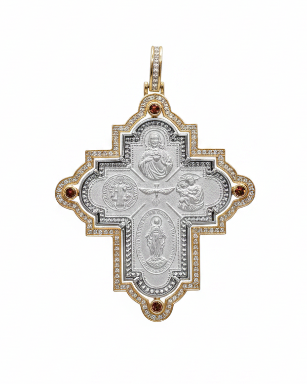Two-Tone Religious Cross Icon Diamond Necklace Pendant 14K