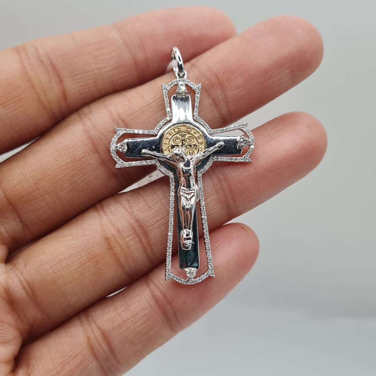 Two-Tone Saint Benedict Crucifix Cross Diamond Necklace Pendant 14K
