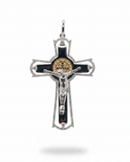 Two-Tone Saint Benedict Crucifix Cross Diamond Necklace Pendant 14K