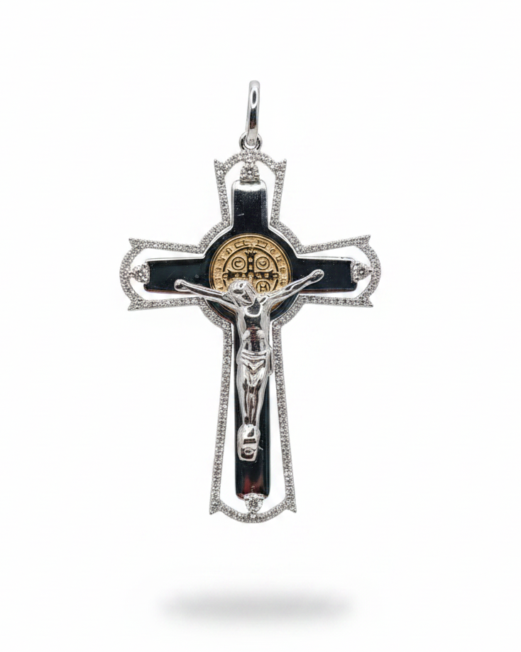 Two-Tone Saint Benedict Crucifix Cross Diamond Necklace Pendant 14K