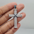 Large Full Paved Cross Blue Colored Diamond Accents Necklace Pendant 14K