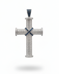 Large Full Paved Cross Blue Colored Diamond Accents Necklace Pendant 14K