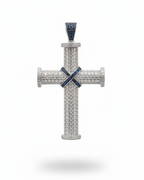 Large Full Paved Cross Blue Colored Diamond Accents Necklace Pendant 14K