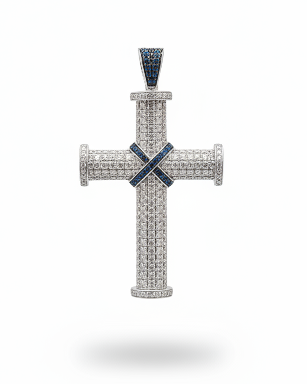 Large Full Paved Cross Blue Colored Diamond Accents Necklace Pendant 14K