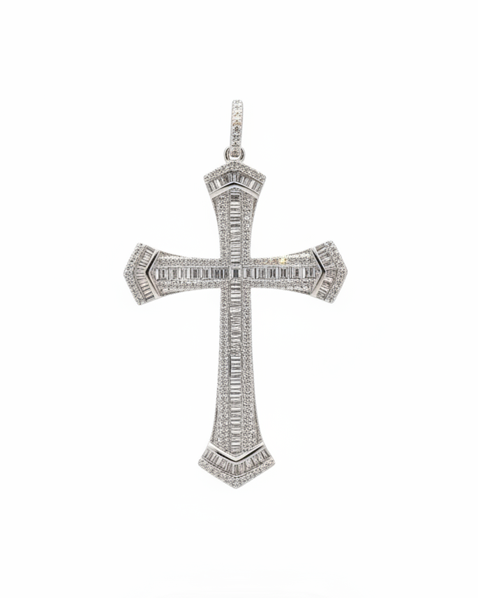 Medium Cross Baguette Paved Diamond Necklace Pendant 14K