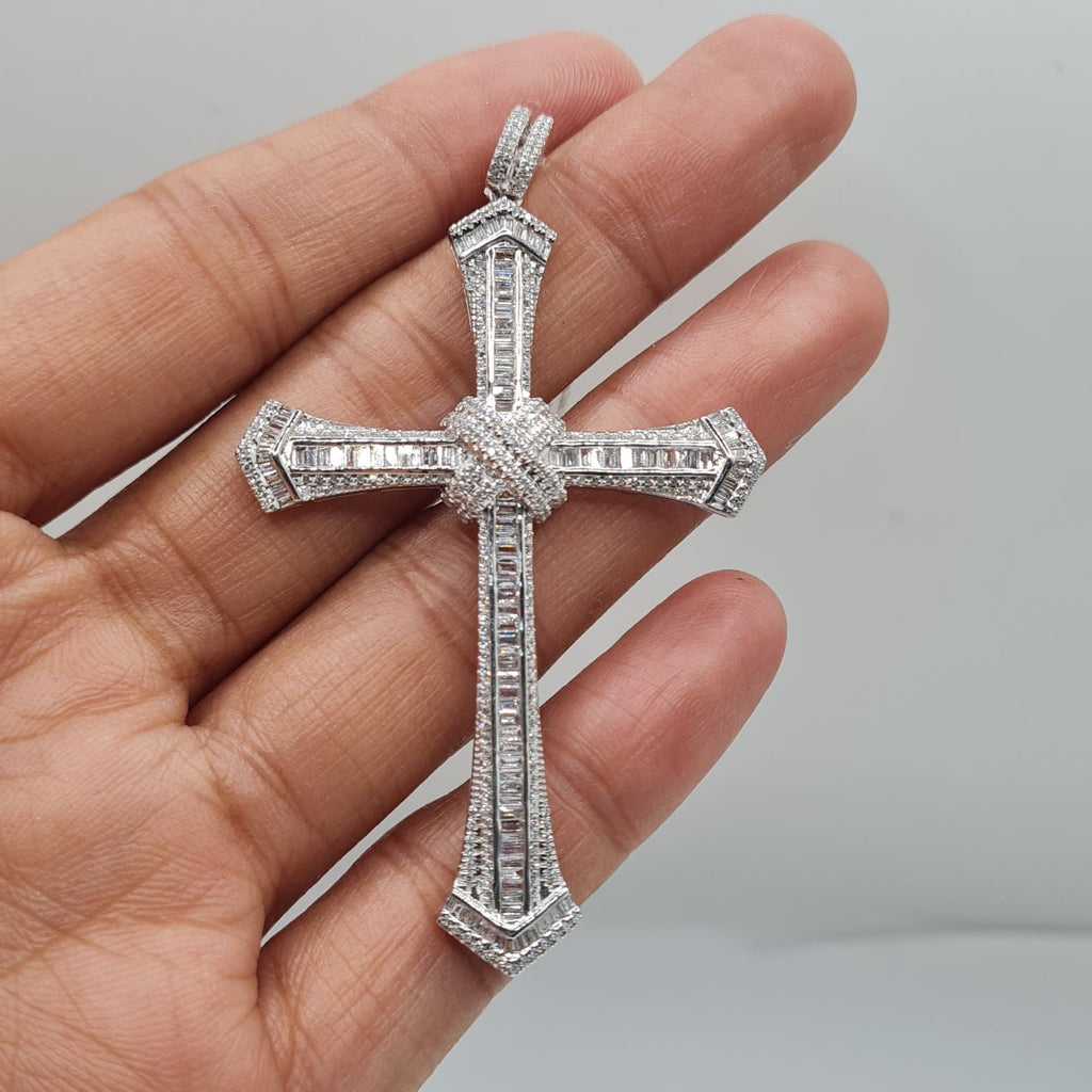 Large Cross Baguette Paved Diamond Necklace Pendant 14K