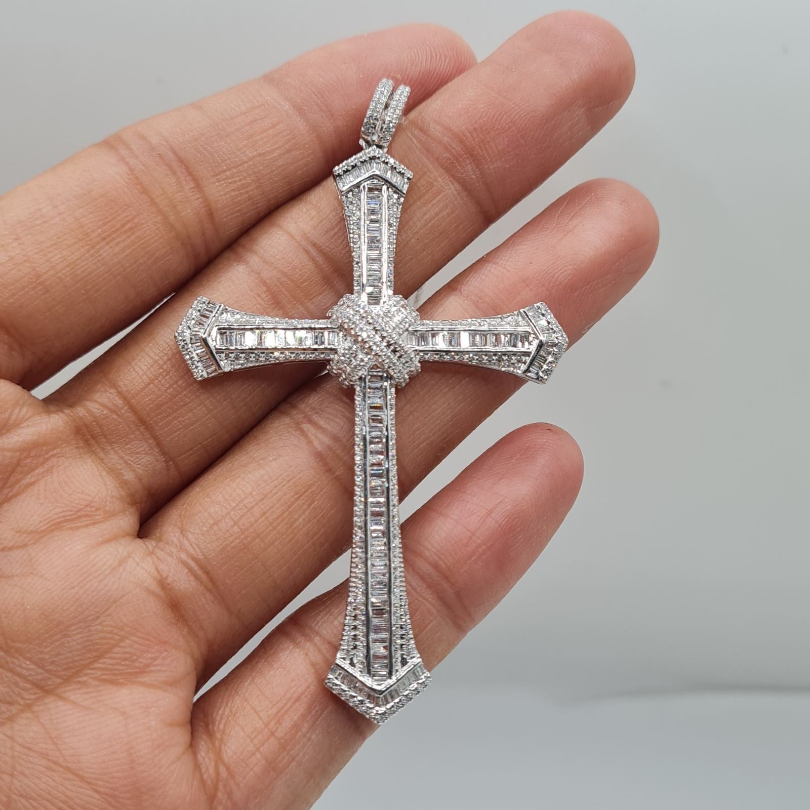 Large Cross Baguette Paved Diamond Necklace Pendant 14K
